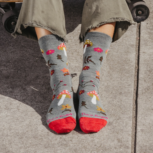 seafoam socks with mushroom, flowers, and leave design 