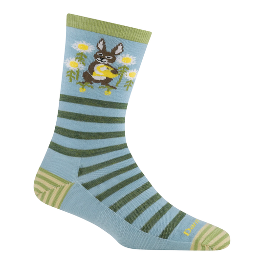Sock with striped pattern and cartoon donkey design on a white background
