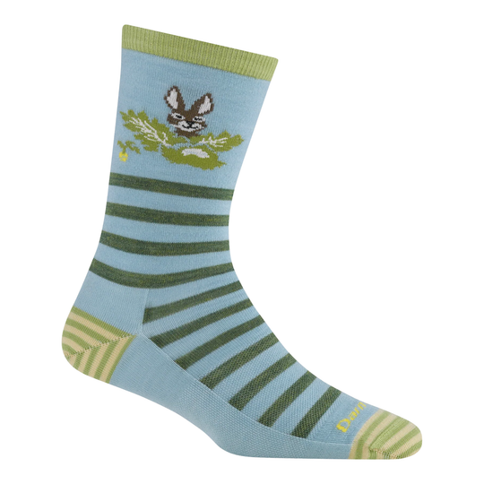 Blue and green striped sock with a bird design on a white background