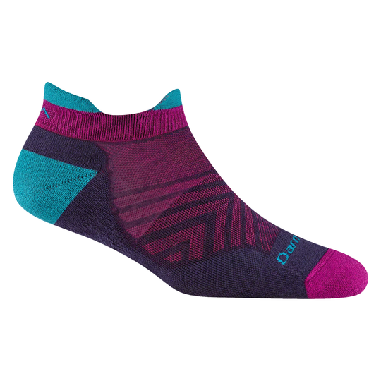 Multicolored sock with purple, blue, and pink design on a white background