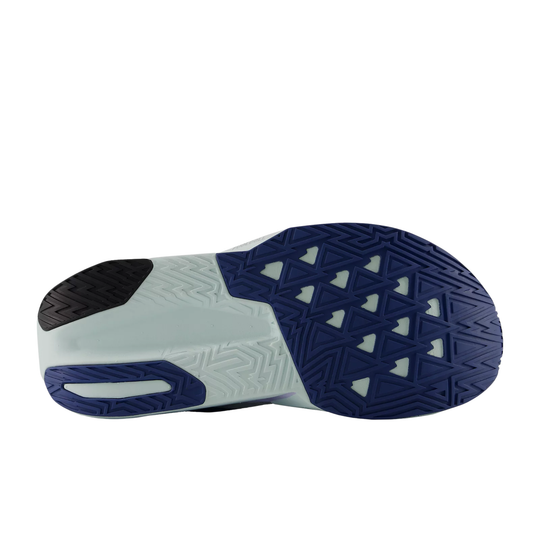 Close-up of a shoe sole with blue and white design on a white background