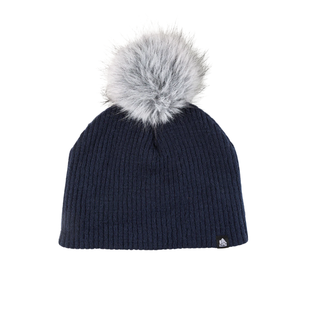 Navy blue beanie with a gray fur pom-pom on a white background