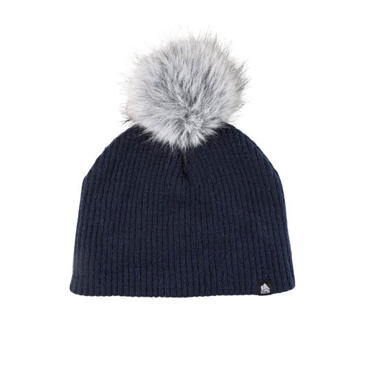 Navy blue beanie with a gray fur pom-pom on a white background