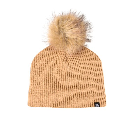 tan beanie with faux pom pom
