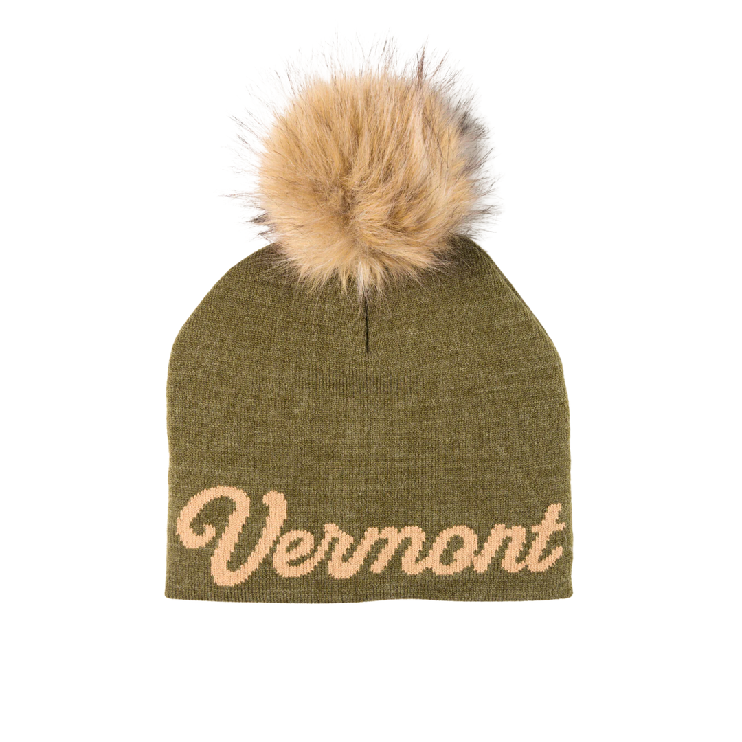 Green beanie with 'Vermont' text and fur pom-pom on a white background