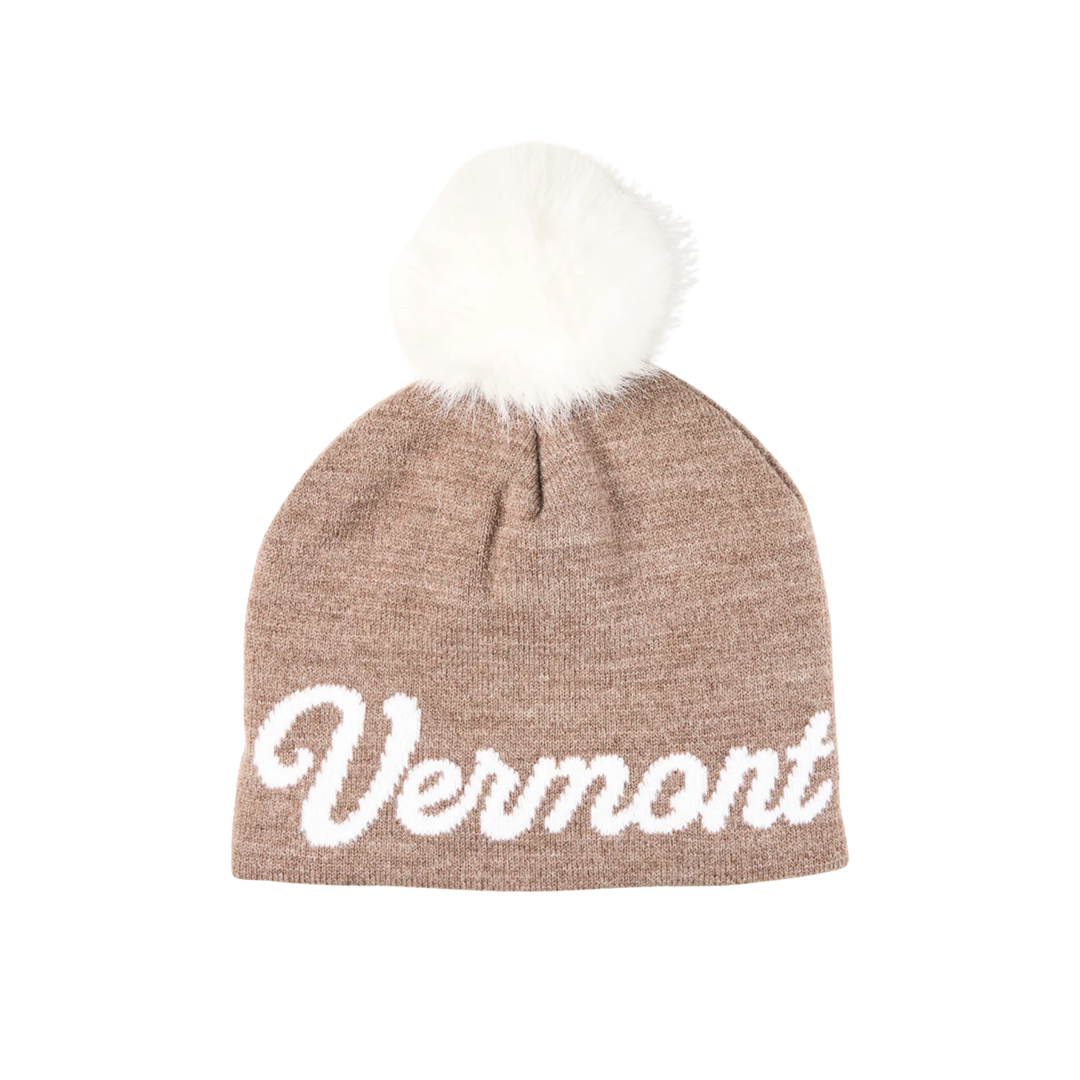 Brown beanie with white 'Vermont' text and white pom-pom on a white background