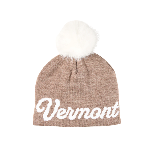 Brown beanie with white 'Vermont' text and white pom-pom on a white background