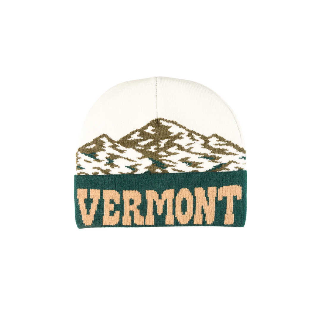 Knitted beanie with 'VERMONT' text and mountain design on a white background