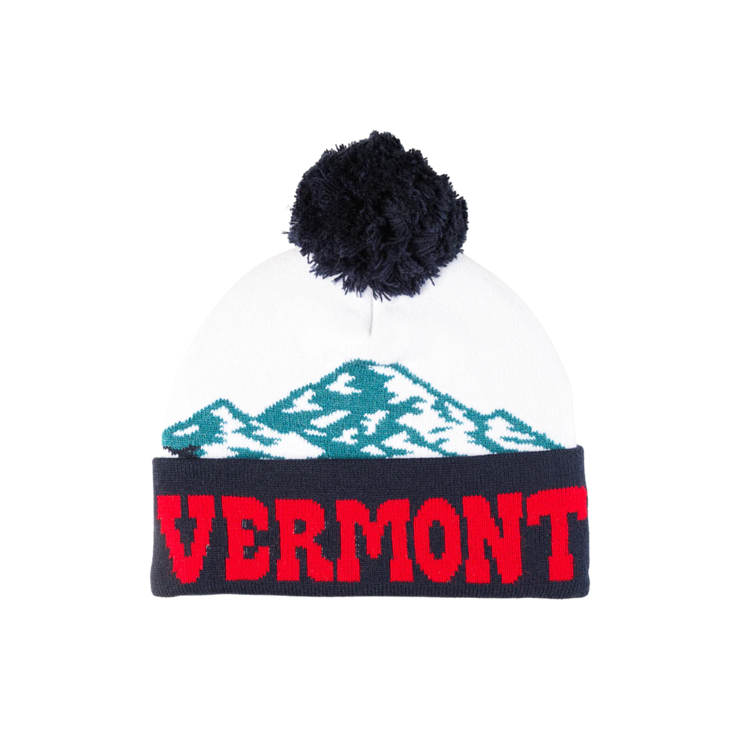 Knitted beanie with 'VERMONT' on a white background