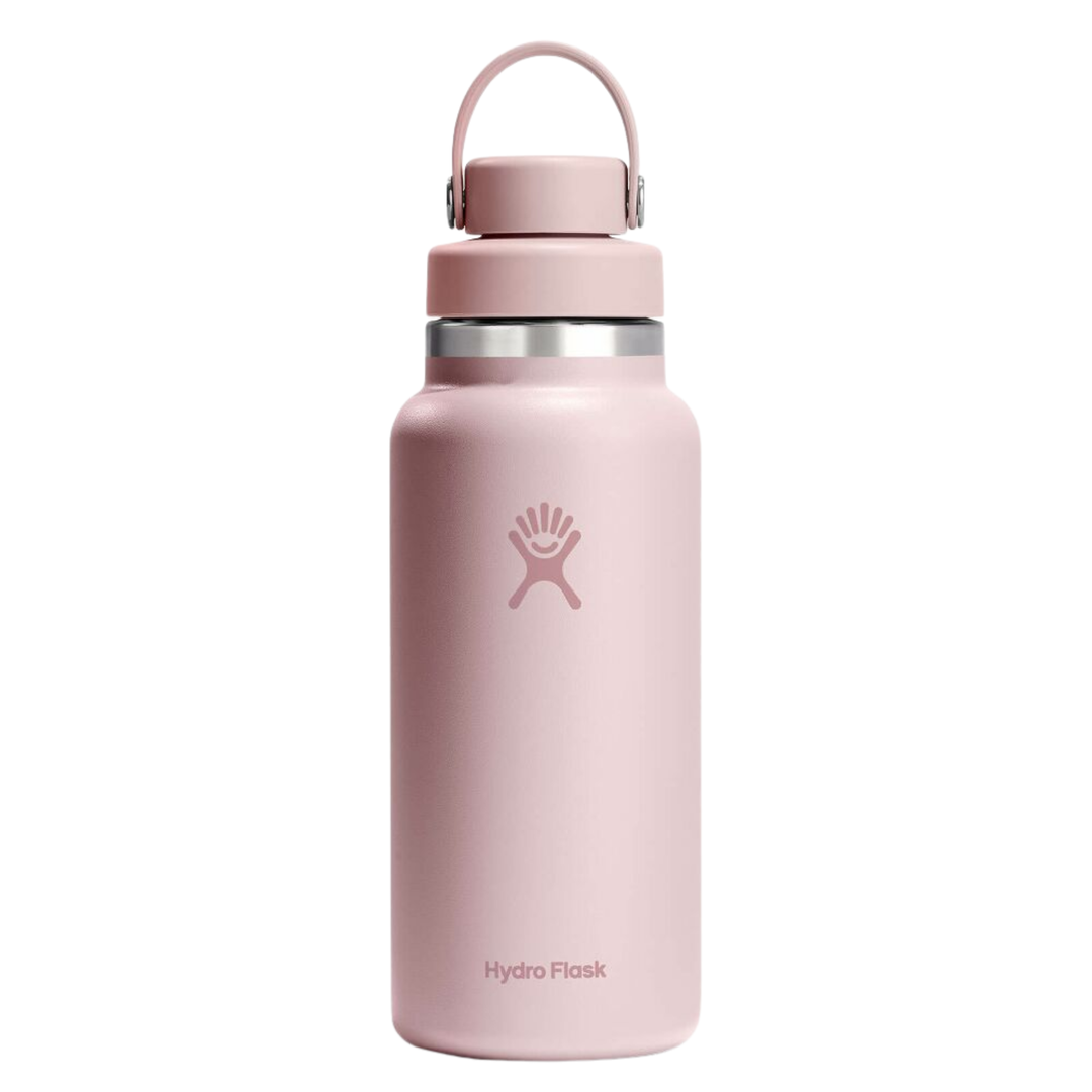 Pink insulated water bottle with a handle lid and Hydro Flask logo