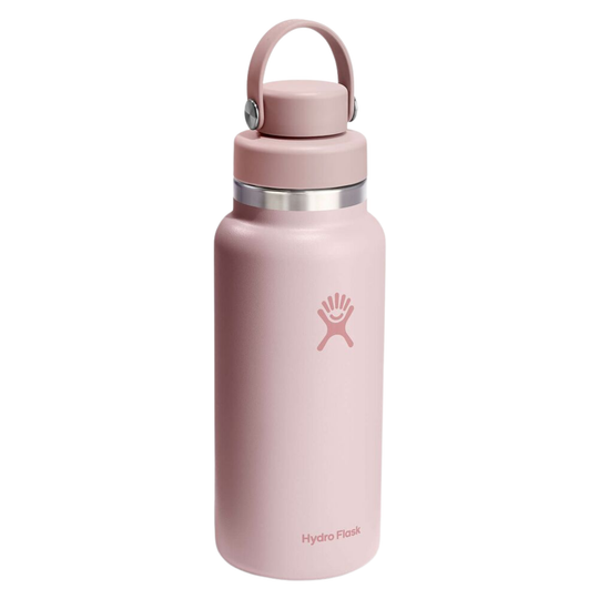 Pink insulated water bottle with a loop cap, metal band, and Hydro Flask logo