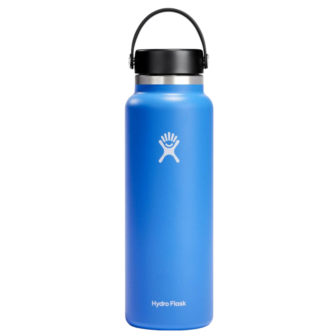 Blue Hydro Flask water bottle with black lid on a white background