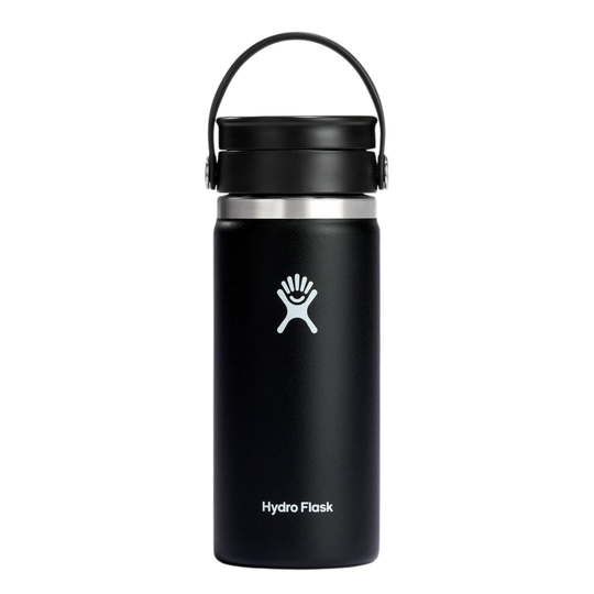 Black insulated water bottle with carry handle and white logo