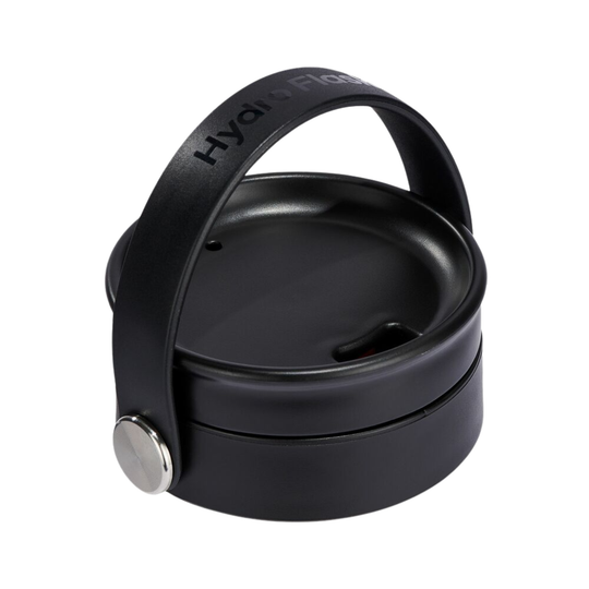Black insulated mug lid with a built-in carry handle and silver thumb release, shown on a white background