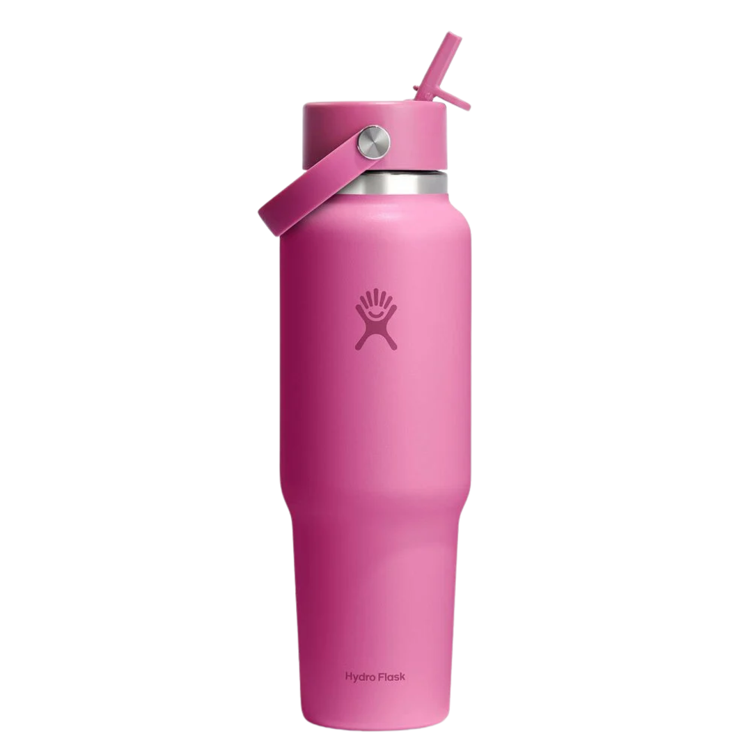 Pink Hydro Flask water bottle with straw lid on a white background