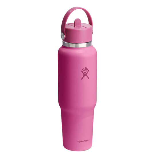 Pink water bottle with a silver cap on a white background