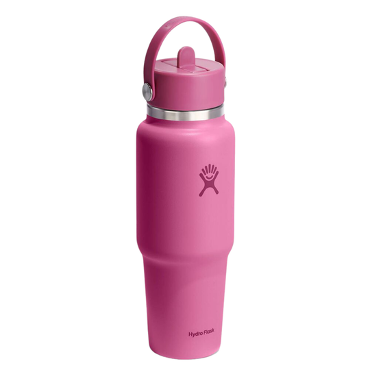 Pink water bottle with a lid on a white background