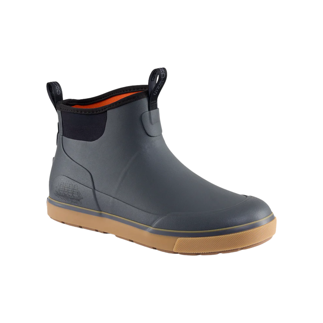 Gray rubber boot with brown sole on a white background