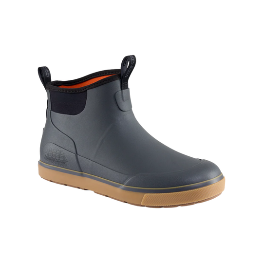 Gray rubber boot with brown sole on a white background