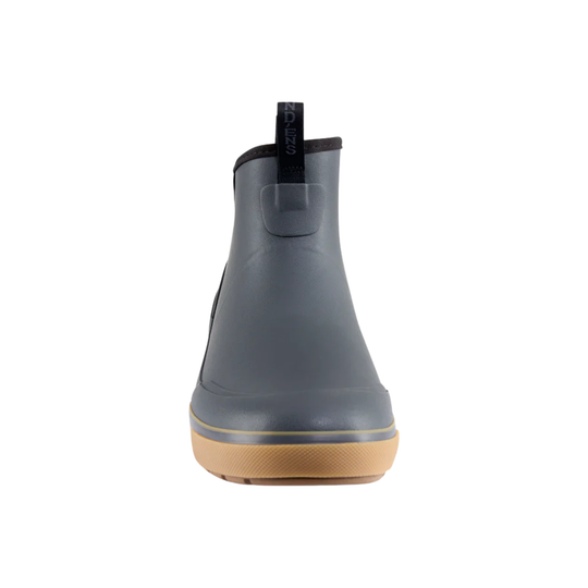 Gray rain boot with a brown sole on a white background