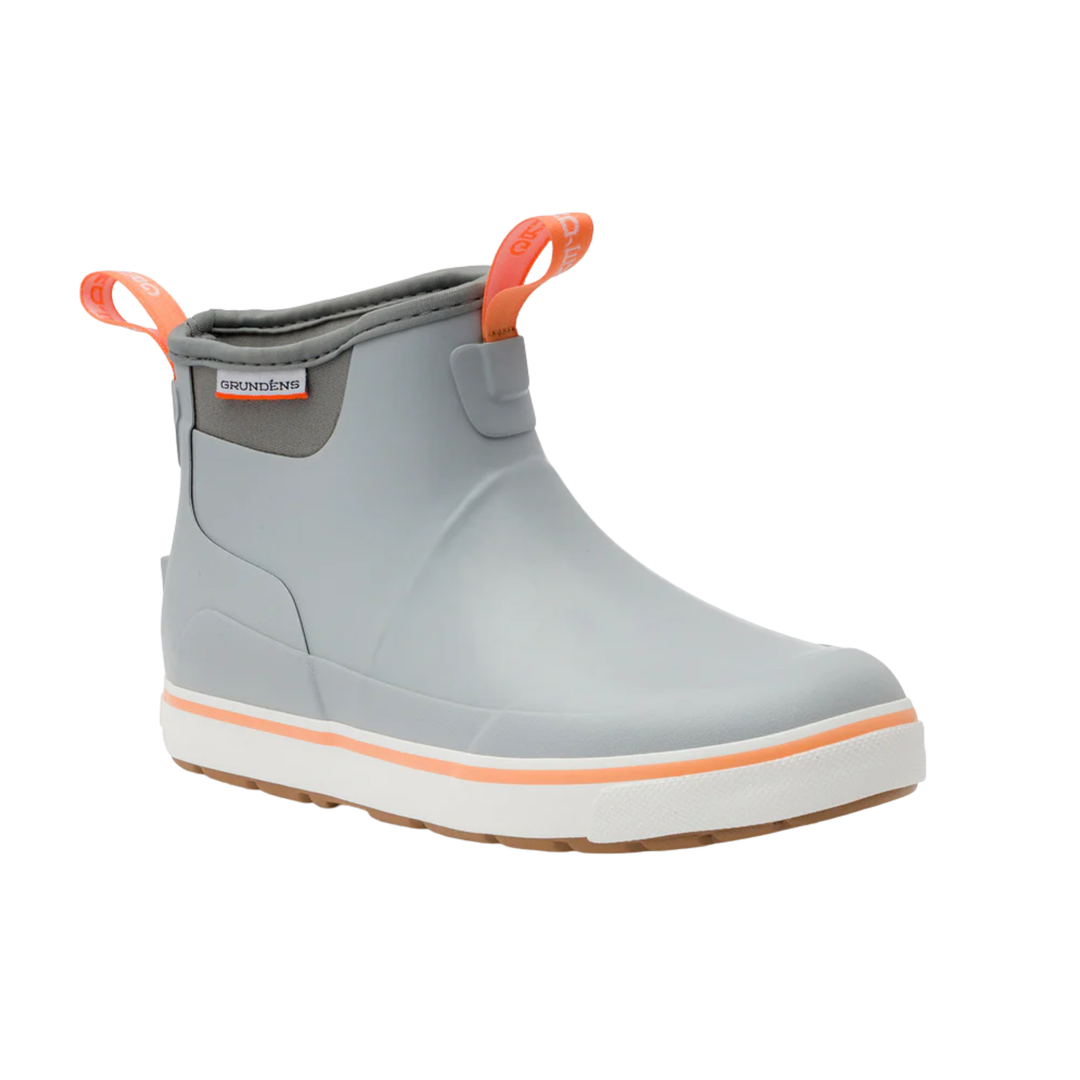 Gray rain boot with orange accents on a white background