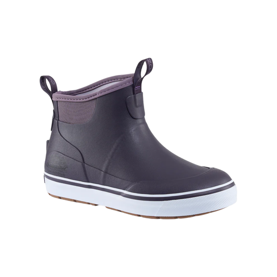 Purple rain boot with white sole on a white background