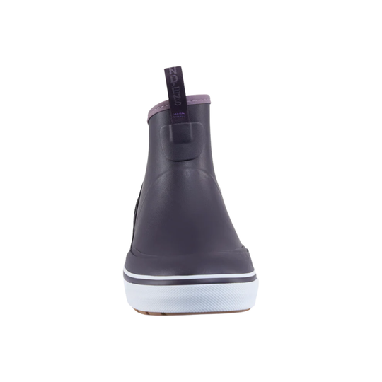 Purple rain boot with white sole on a white background