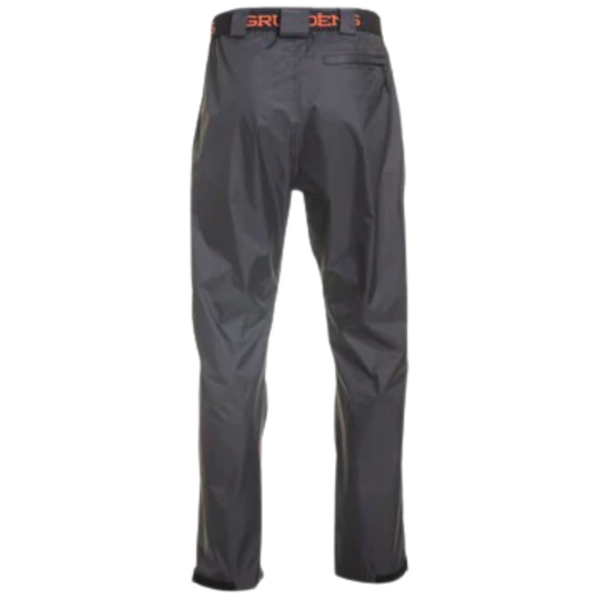 Gray pants with a brand logo on a white background