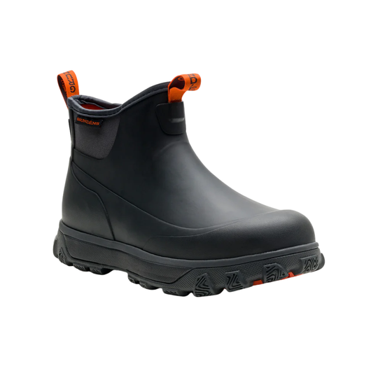 Black rubber boot with orange accents on a white background