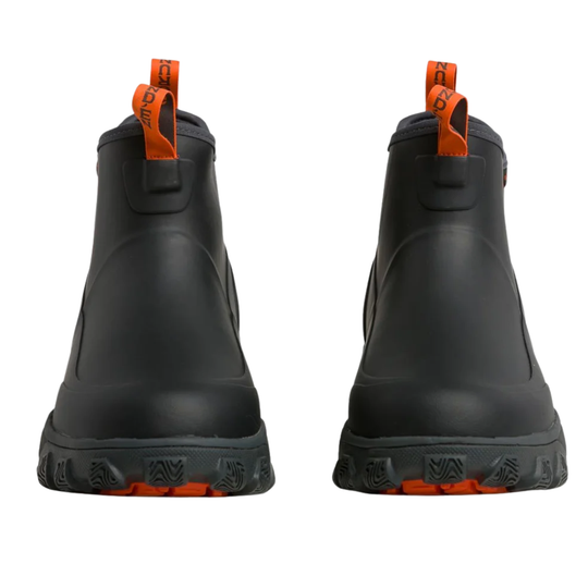 Black rubber boots with orange accents on a white background
