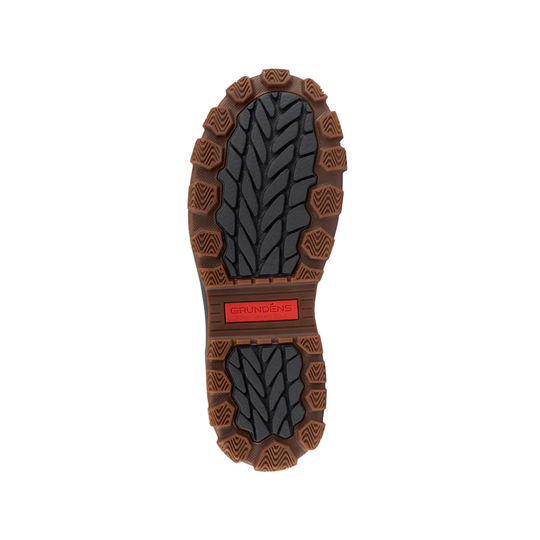 Close-up of a shoe sole with tread pattern and brand logo on a white background
