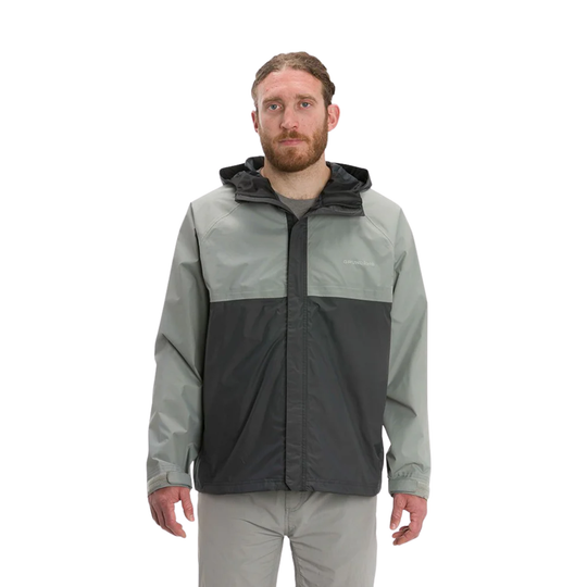 Man wearing a two-tone gray and black jacket on a white background