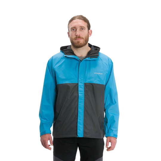 Man wearing a blue and gray rain jacket on a white background