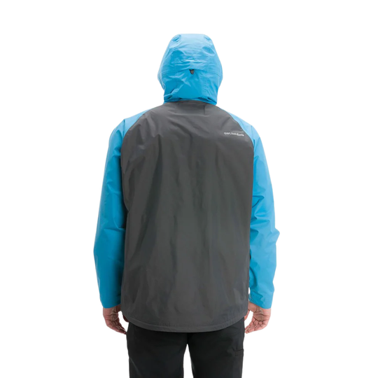 Two-tone gray and blue raincoat on a white background