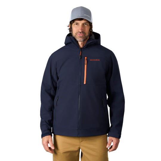 Man wearing a navy jacket with orange zipper and logo on a white background