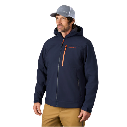 Man wearing a navy jacket with orange zipper and a cap on a white background