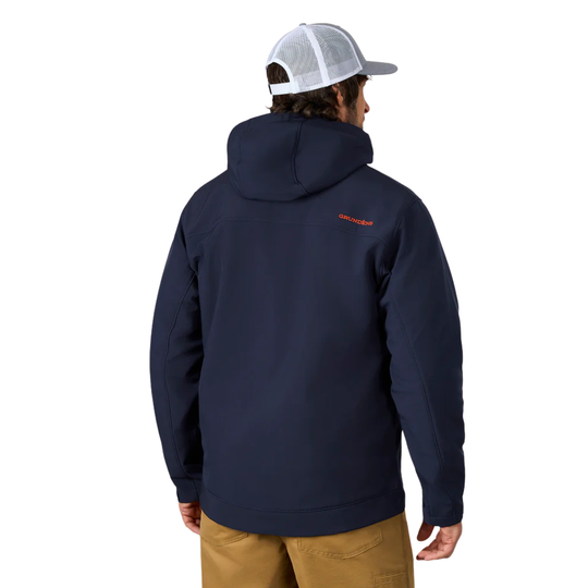 Person wearing a navy hoodie with a logo on the back, standing against a white background