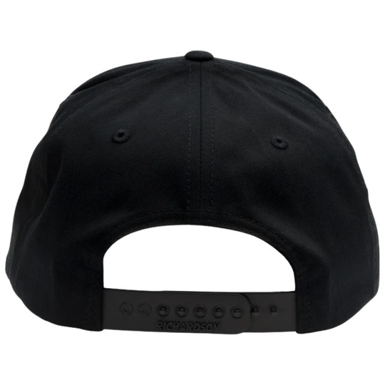 Black cap with a brand logo on the back against a white background