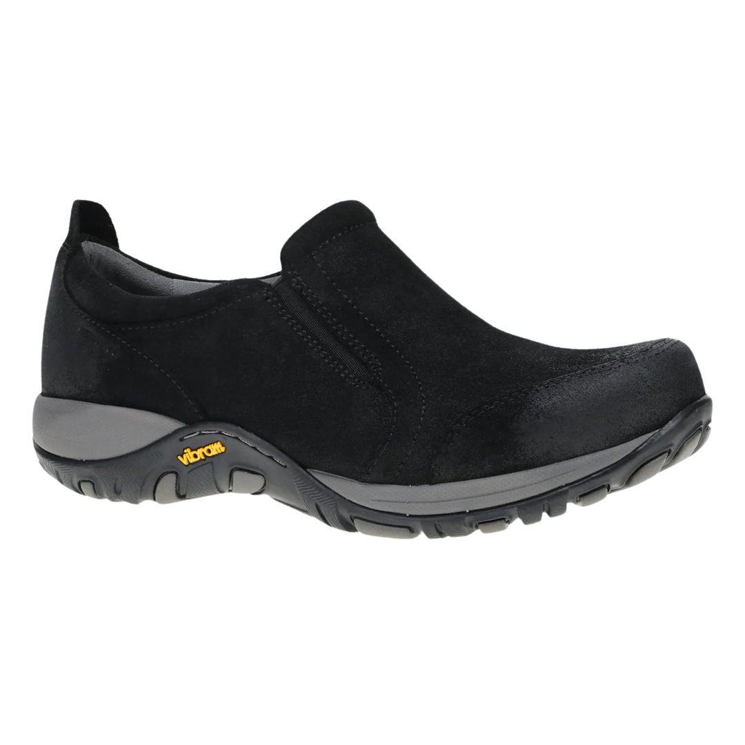 Black slip-on shoe with a gray sole on a white background