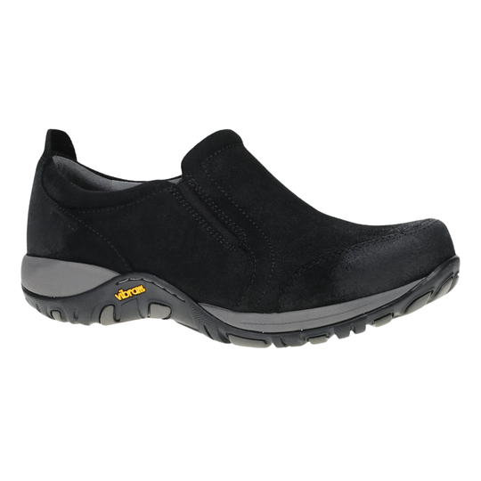 Black slip-on shoe with a gray sole on a white background