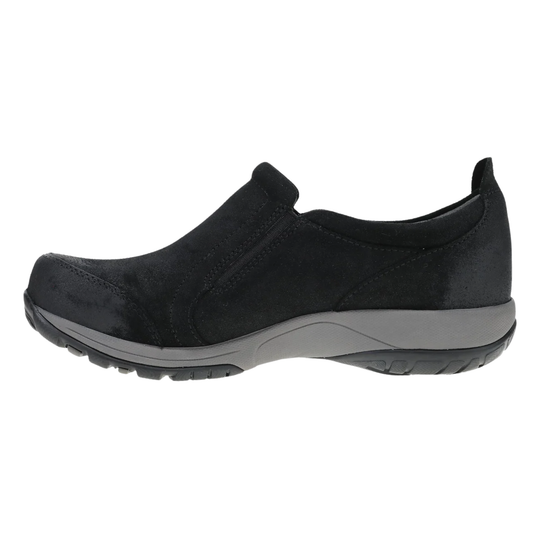 Black slip-on shoe with gray sole on a white background