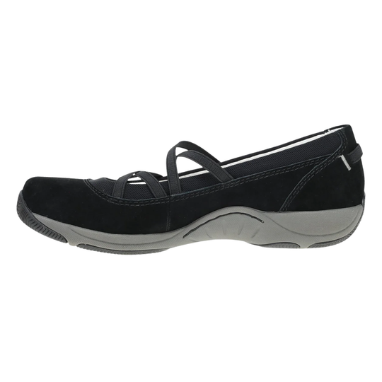 Black ballet flat shoe with criss-cross straps on a white background