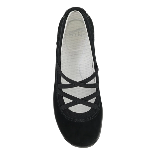 Black ballet flat shoe with criss-cross straps on a white background