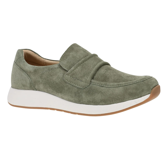 Green loafer shoe with a white sole on a white background