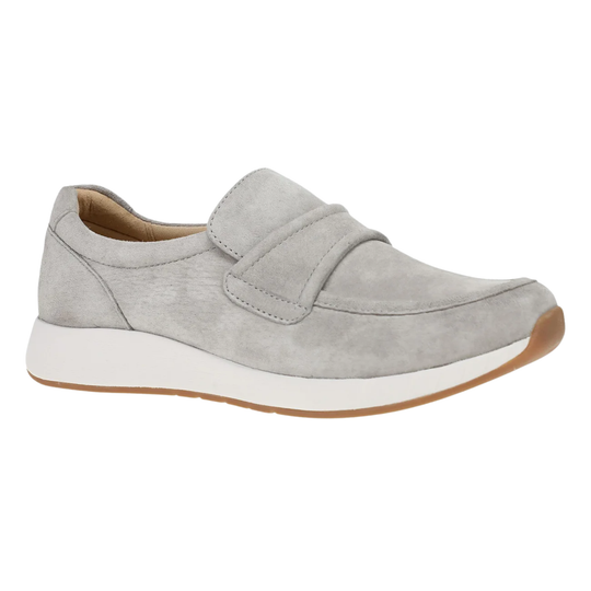 Gray slip-on shoe with a white sole on a white background