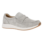 Gray slip-on shoe with a white sole on a white background
