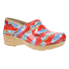 Clog shoe with fish pattern on a red background