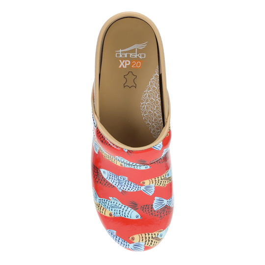 Clog shoe with fish pattern on a white background