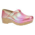 Pink metallic clog shoe on a white background