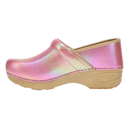 Pink metallic clog shoe on a white background